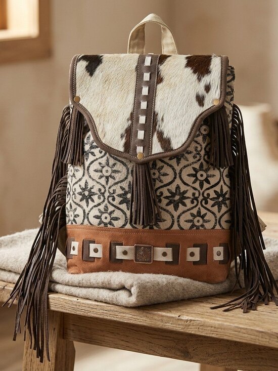 Boho Fringe Cowhide Upcycled Backpack main image 4